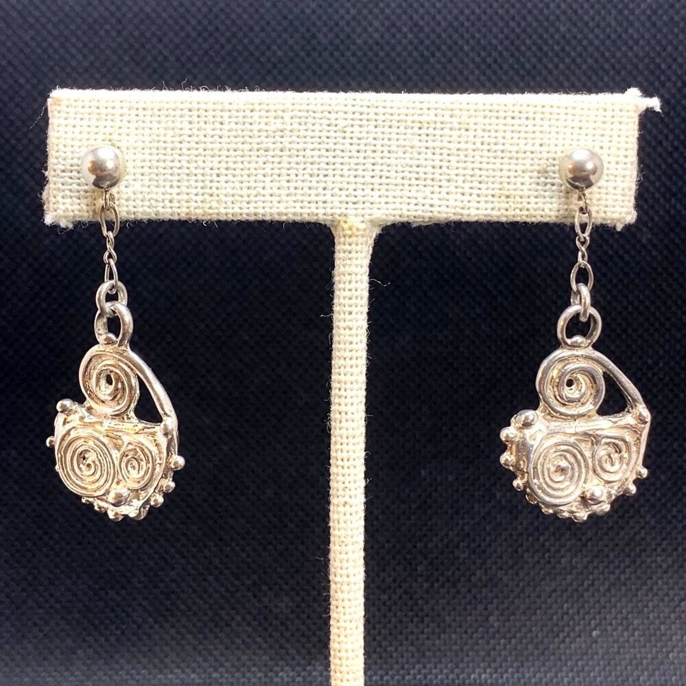 Scroll Design Beaded Dangle Drop Earrings VTG 925 Sterling Silver 1.5'' Length